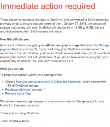 Microsoft забирает бесплатные "гигабайты" в OneDrive