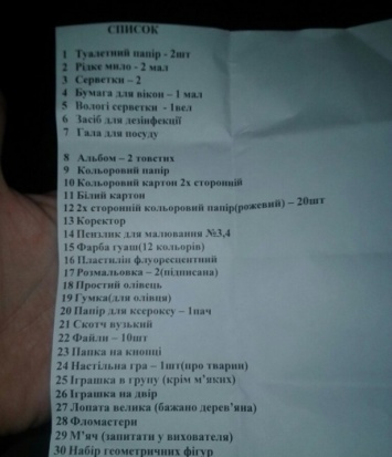 Родителей дошкольников в Кременчуге возмутили списки покупок, которые им выдали воспитатели