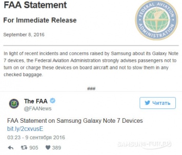 В США не запрещают пользоваться Samsung Galaxy Note7 на борту самолетов