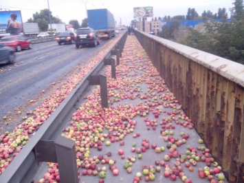 В Киеве Южный мост засыпало яблоками