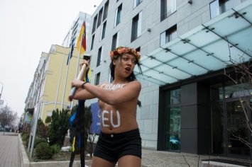 Полуголая активистка напала с кувалдой на немецкое посольство в Киеве