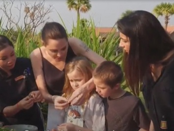 Джоли кормит детей пауками и сверчками