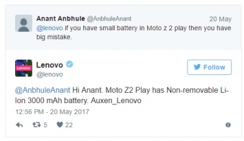 Lenovo подтвердила аккумулятор на 3000 мАч для Moto Z2 Play