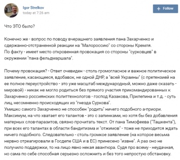 "Это из "гнезда Суркова": Гиркин высказался о "Малороссии" Захарченко