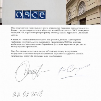 Союзы журналистов России и Украины обратились в ОБСЕ с просьбой помочь освободить Асеева