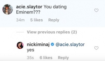 Певица Ники Минаж заявила, что у нее романтические отношения с рэпером Эминемом