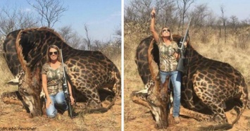 Охотница позирует с редким черным жирафом, которого она только что убила