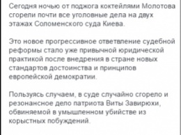 При пожаре в Соломенском суде сгорело дело радикалки Виты Завирюхи