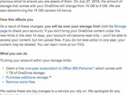 Microsoft забирает бесплатные "гигабайты" в OneDrive