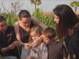 Джоли кормит детей пауками и сверчками
