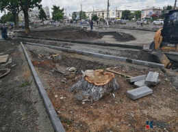 На площади перед Центральным рынком в Симферополе пилят деревья