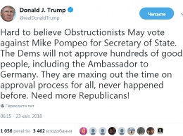 Трамп заявил, что демократы проголосуют против назначения Помпео новым госсекретарем США