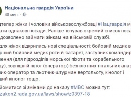 В Нацгвардии Украины женщин и мужчин теперь будут набирать на одинаковые должности