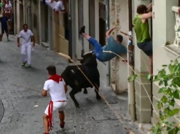 Нападение быка на мужчину сняли на видео