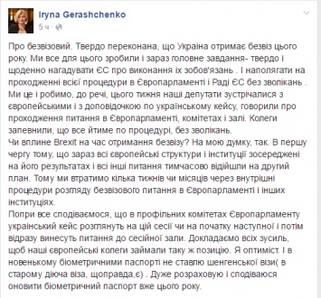 Геращенко обещает безвиз для Украины уже в этом году
