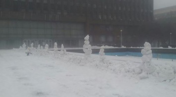 Возле Запорожского облсовета выстроили стену из снеговиков