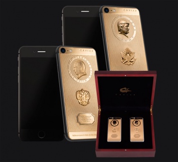 Подарочный комплект из двух iPhone 7 с золотыми портретами Путина и Трампа представили в России