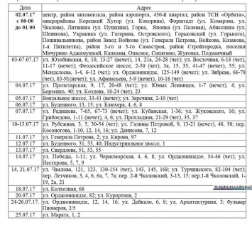 График отключений электроэнергии на июль