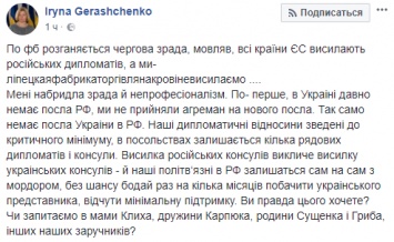 Украина не высылает российских дипломатов из-за политзаключенных - Геращенко