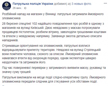 В Виннице двое мужчин в масках с оружием ограбили магазин