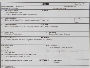 Новорожденный британский принц Луи Артур Чарльз получил свидетельство о рождении