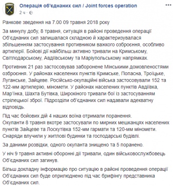 Штаб ООС заявил о погибшем военном на Донбассе и о 21 обстреле