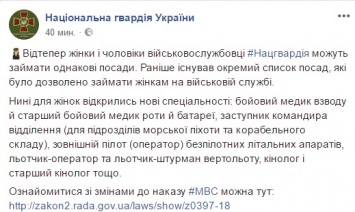 В Нацгвардии Украины женщин и мужчин теперь будут набирать на одинаковые должности