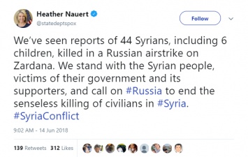 В Госдепе США призвали Россию перестать убивать гражданских в Сирии