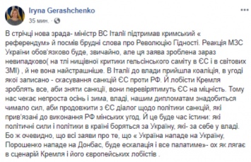 Геращенко пообещала реакцию на заявление главы МВД Италии о Крыме и Майдане