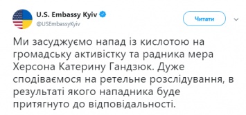 Посольства США и ЕС в Украине осудили жестокое нападение на советницу мэра Херсона Гандзюк